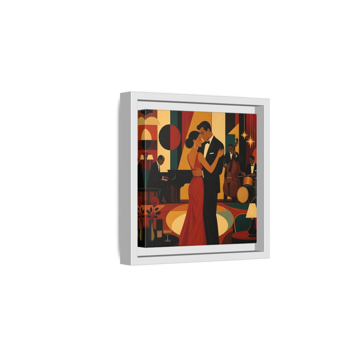 Side Mockup 1. Midnight Jazz Romance shown as framed canvas print