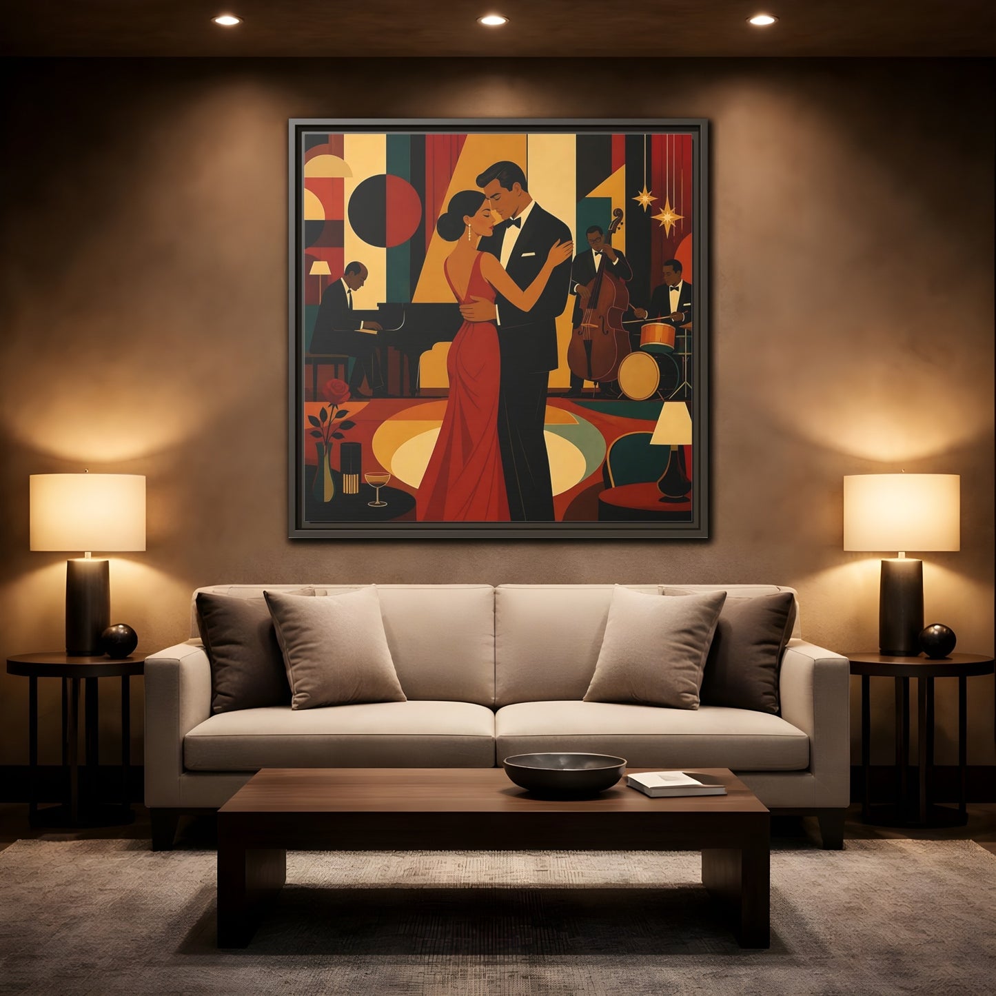 Mockup 2. Midnight Jazz Romance shown as framed canvas print