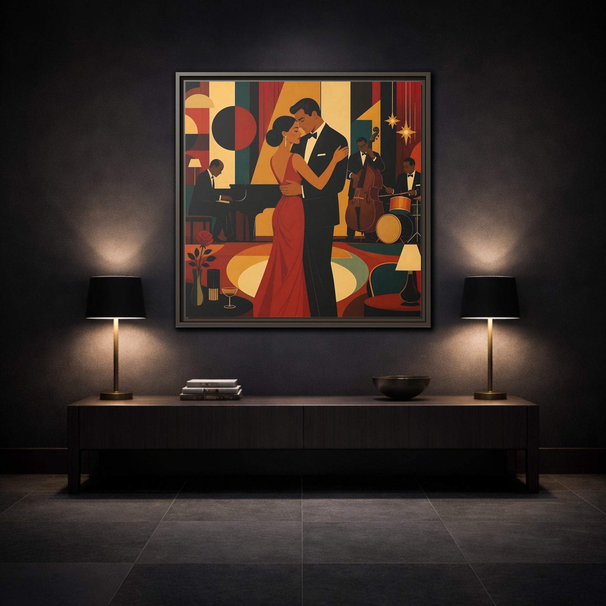Mockup 3. Midnight Jazz Romance shown as framed canvas print