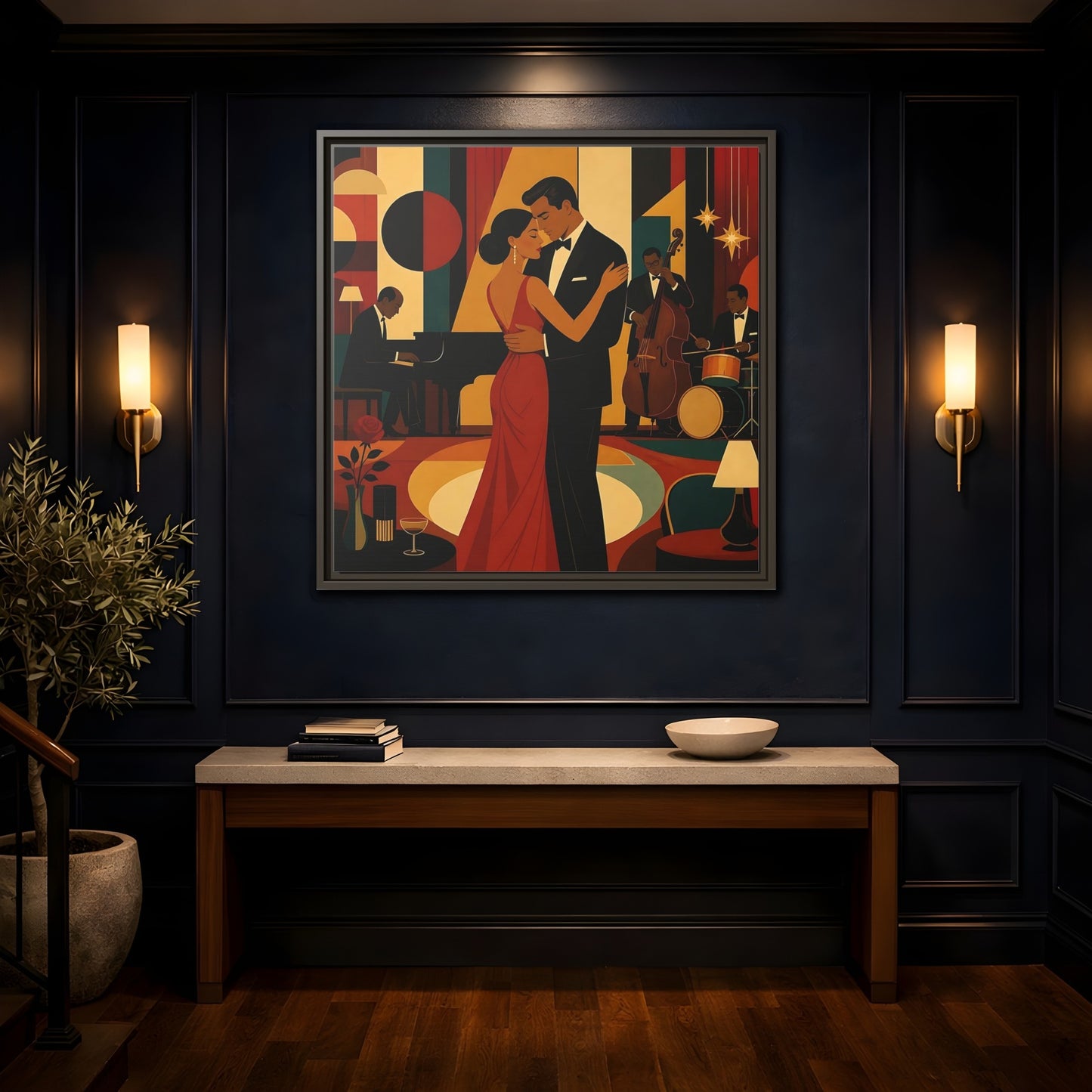 Mockup 4. Midnight Jazz Romance shown as framed canvas print