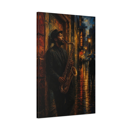 Main Mockup. Midnight Jazz Saxophonist shown as canvas print