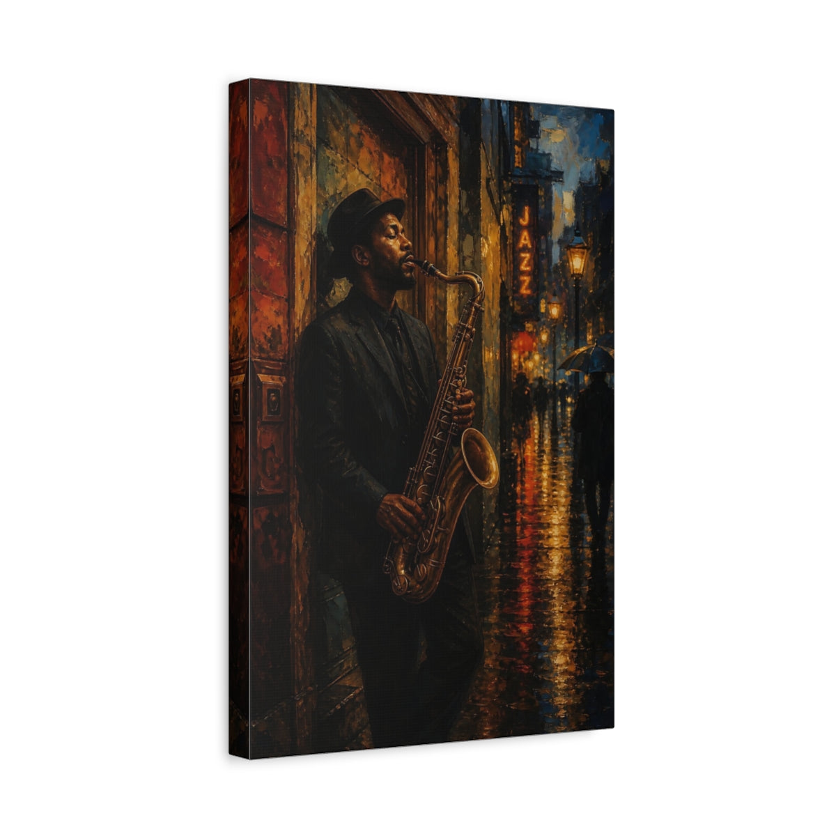 Side Mockup 4. Midnight Jazz Saxophonist shown as canvas print