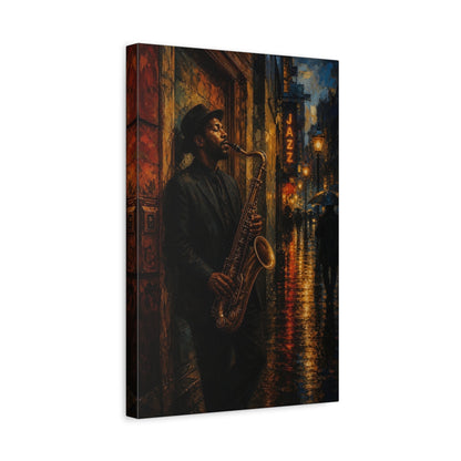 Side Mockup 4. Midnight Jazz Saxophonist shown as canvas print