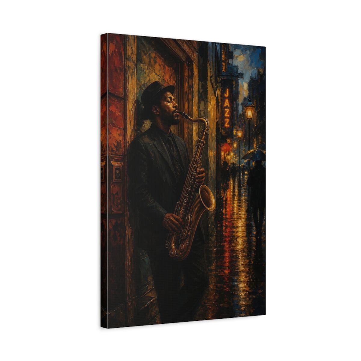 Side Mockup 3. Midnight Jazz Saxophonist shown as canvas print