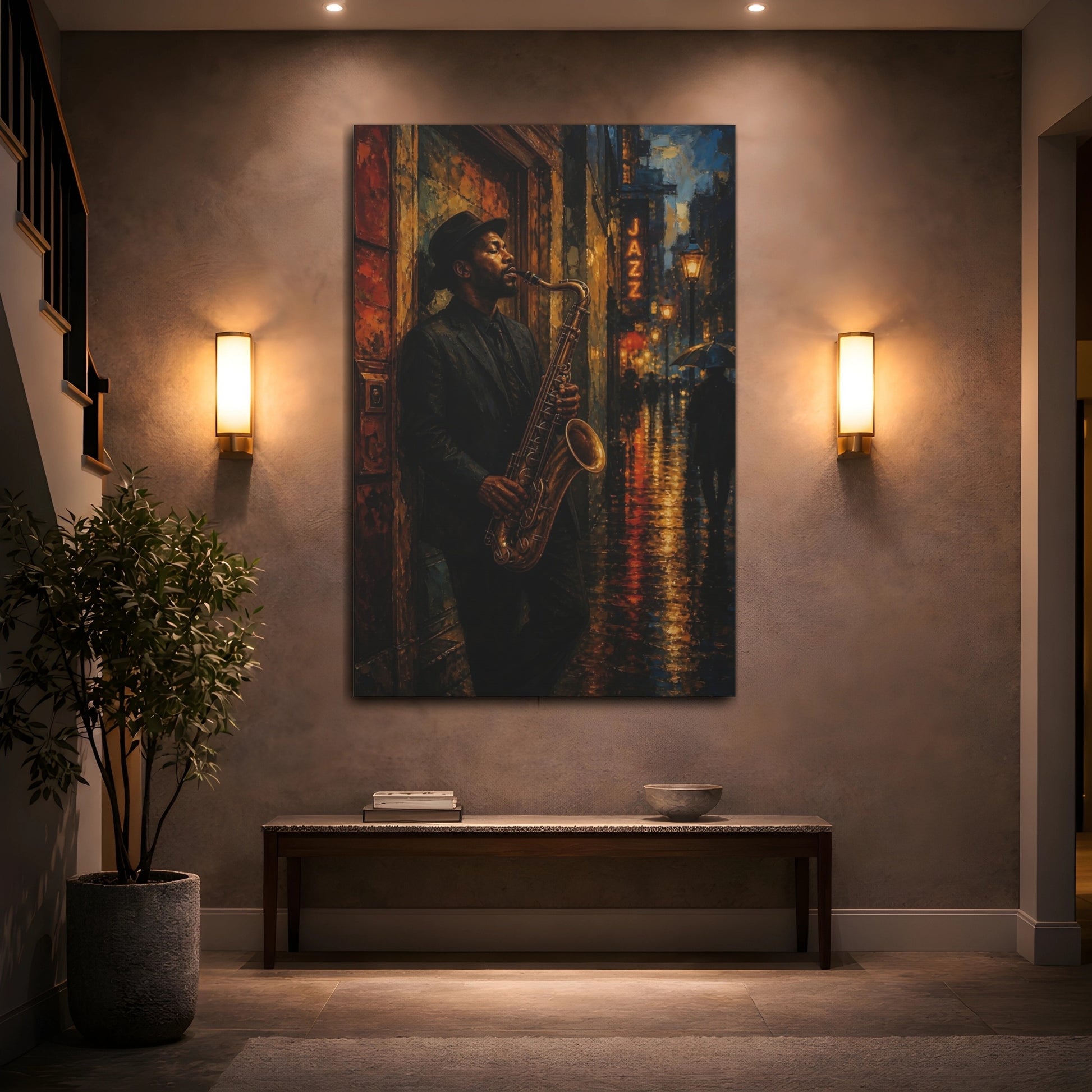 Mockup 2. Midnight Jazz Saxophonist shown as canvas print