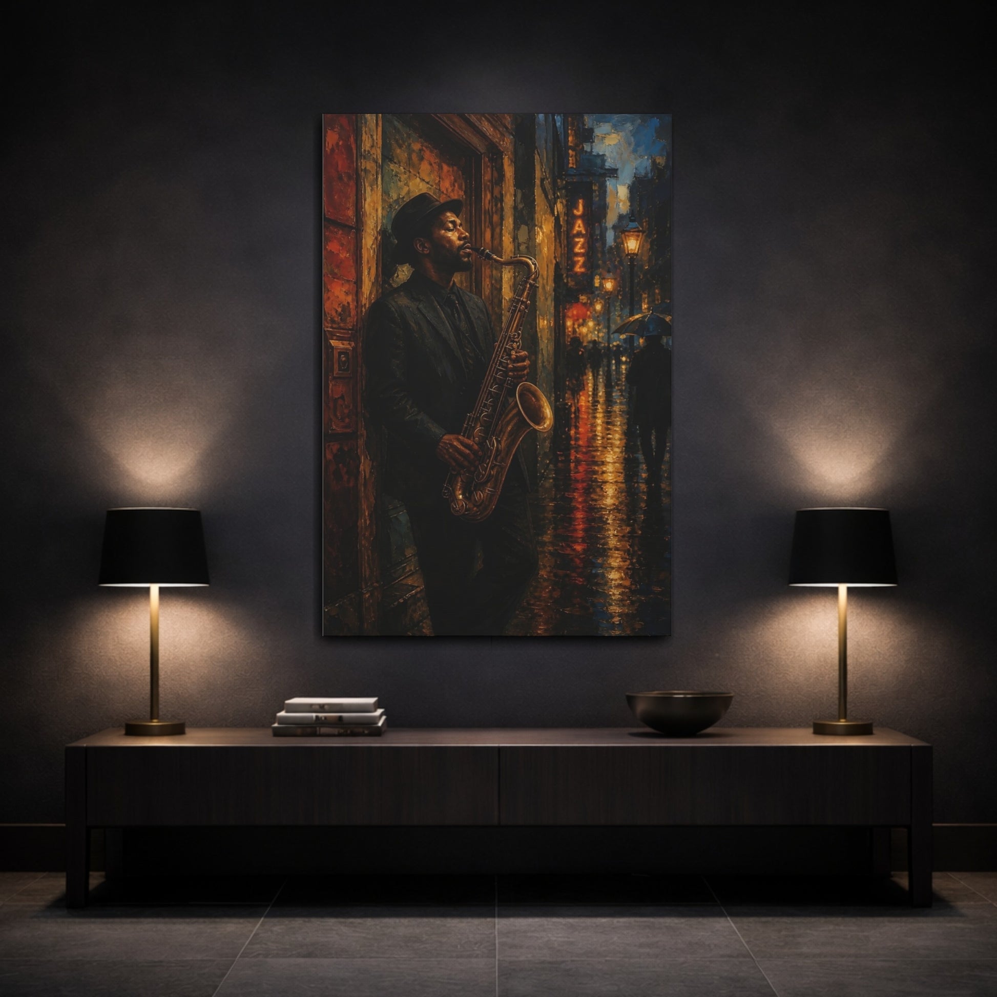 Mockup 3. Midnight Jazz Saxophonist shown as canvas print