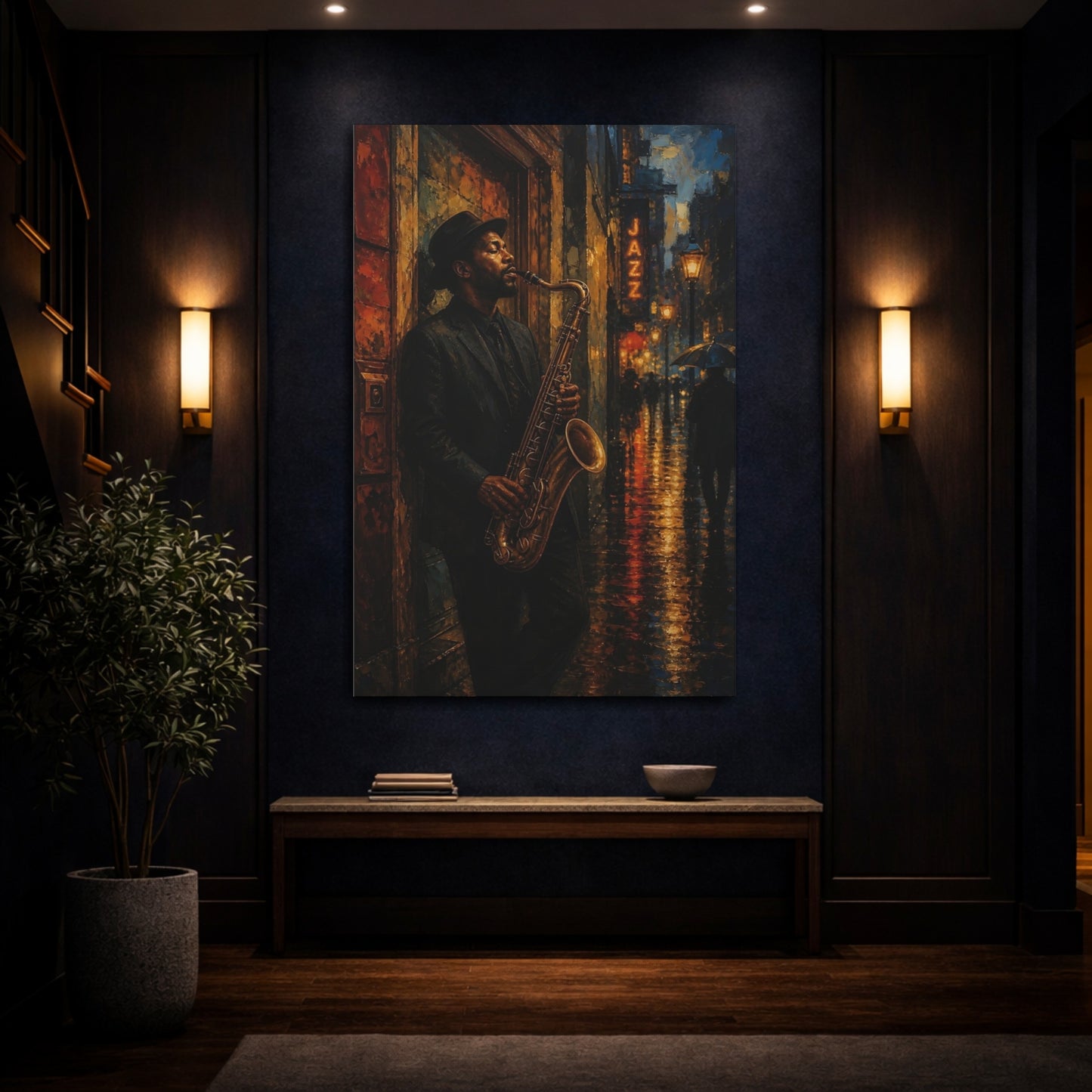 Mockup 4. Midnight Jazz Saxophonist shown as canvas print