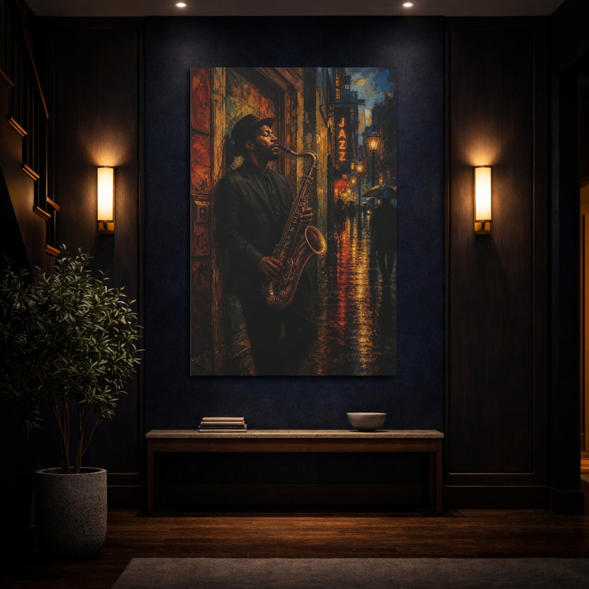 Mockup 4. Midnight Jazz Saxophonist shown as canvas print