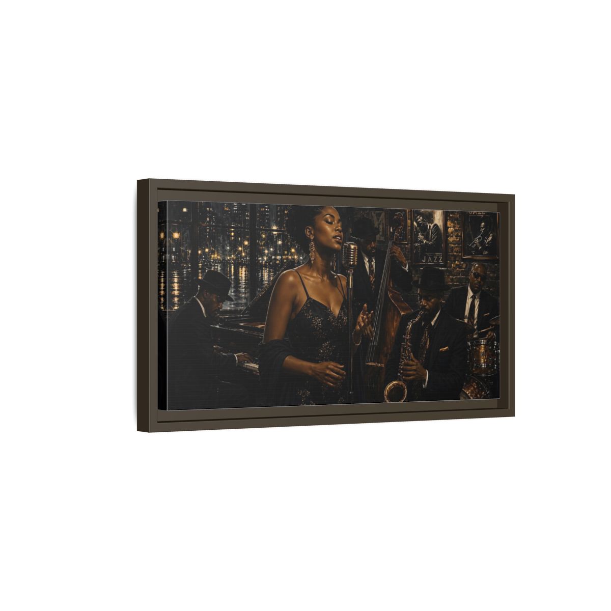 Side Mockup 7. Midnight Jazz Serenade shown as framed canvas print