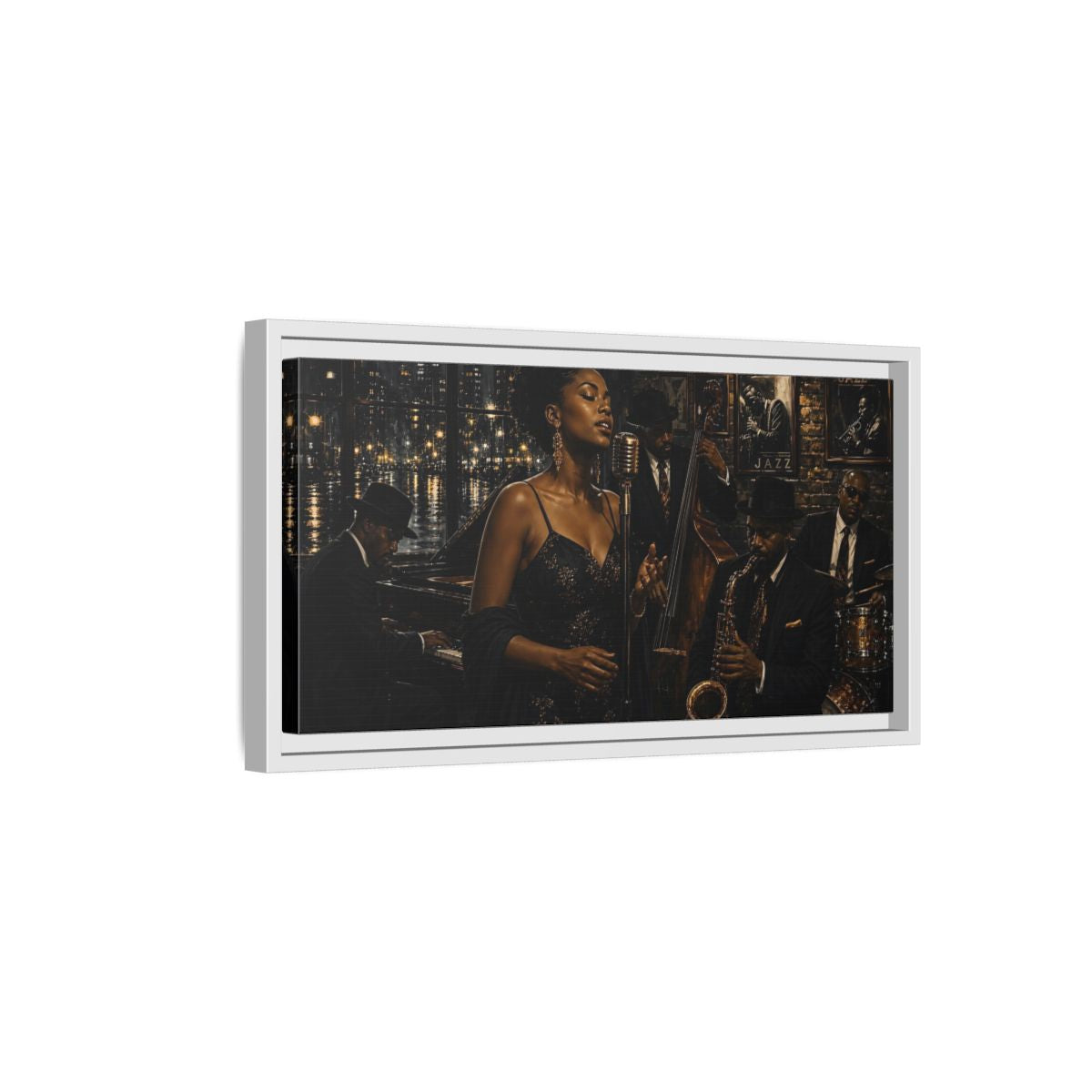 Side Mockup 6. Midnight Jazz Serenade shown as framed canvas print