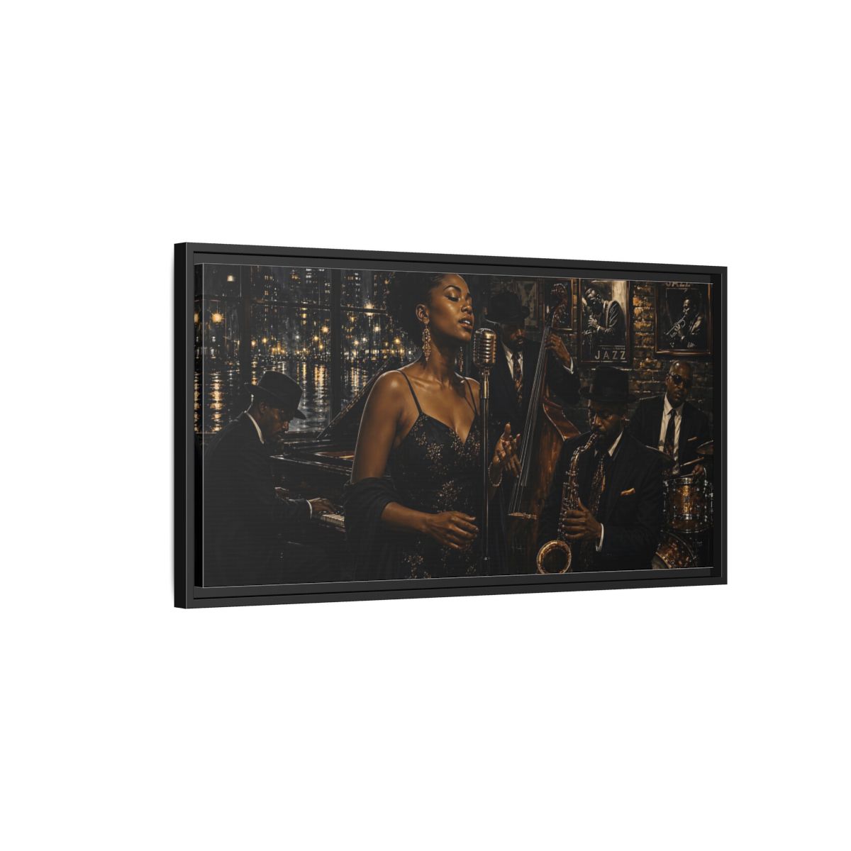 Side Mockup 2. Midnight Jazz Serenade shown as framed canvas print