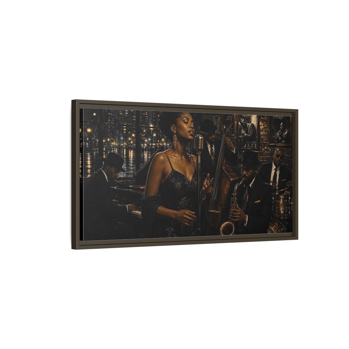 Main Mockup. Midnight Jazz Serenade shown as framed canvas print