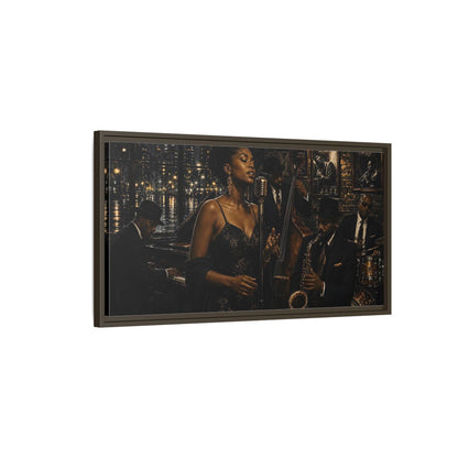 Main Mockup. Midnight Jazz Serenade shown as framed canvas print