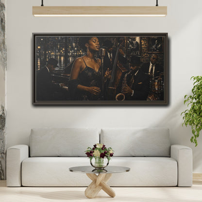 Mockup 2. Midnight Jazz Serenade shown as framed canvas print