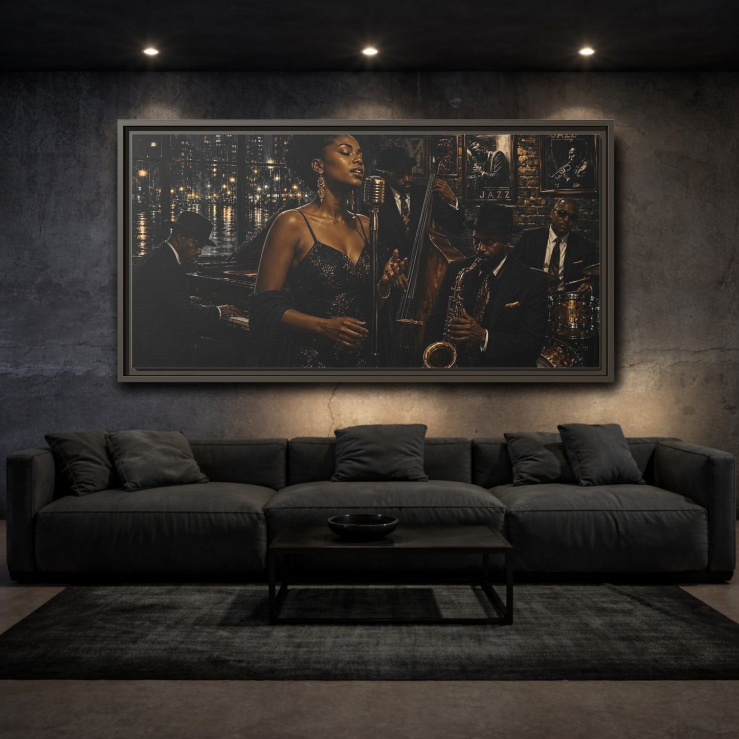 Mockup 3. Midnight Jazz Serenade shown as framed canvas print