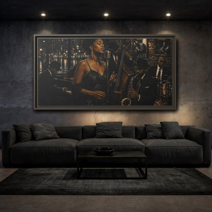 Mockup 3. Midnight Jazz Serenade shown as framed canvas print