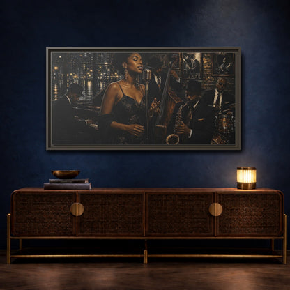 Mockup 4. Midnight Jazz Serenade shown as framed canvas print