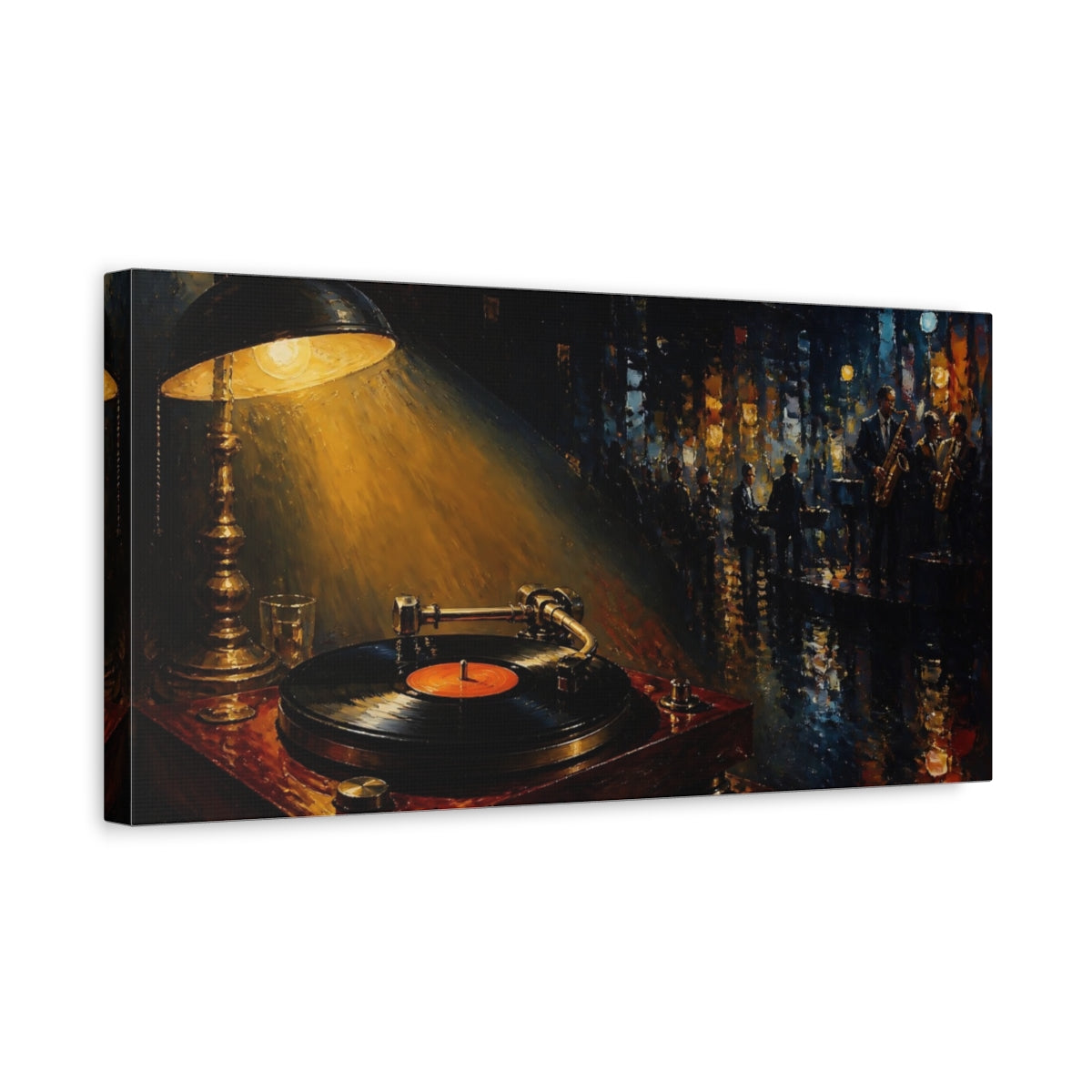 Side Mockup 3. Midnight Jazz Turntable shown as canvas print
