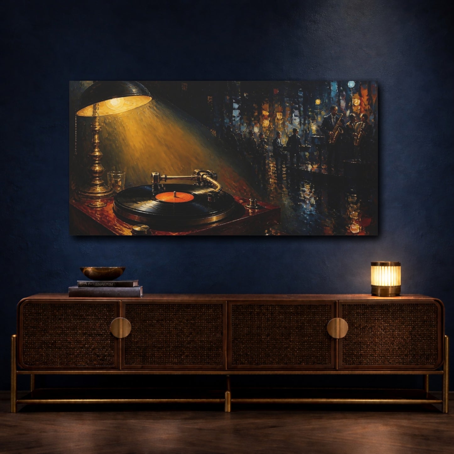 Mockup 4. Midnight Jazz Turntable shown as canvas print