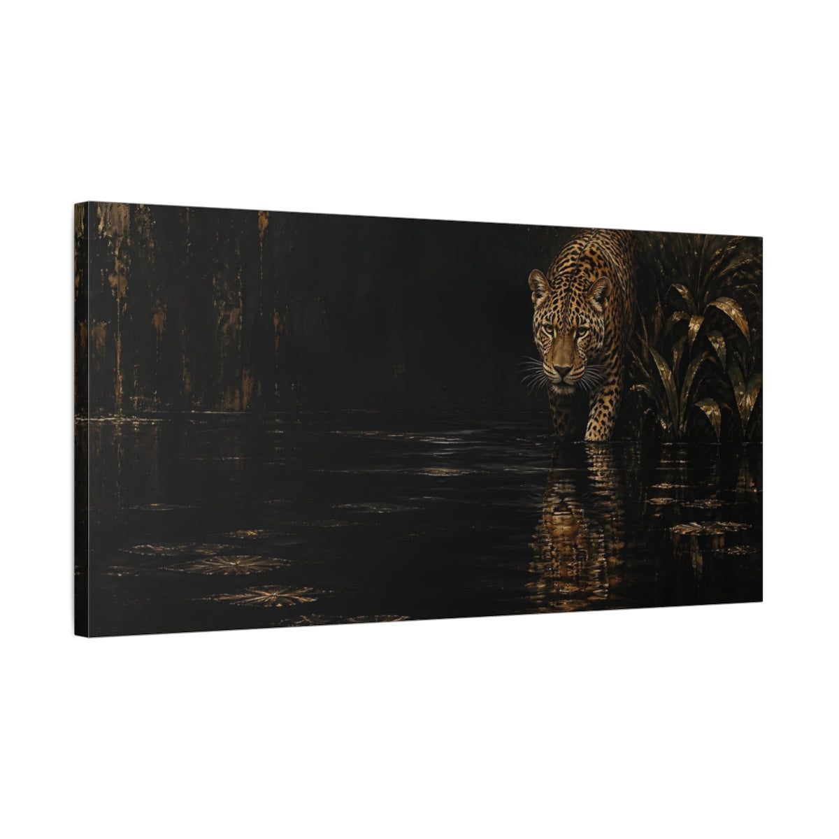Side Mockup 1. Midnight Leopard Reflection shown as canvas print