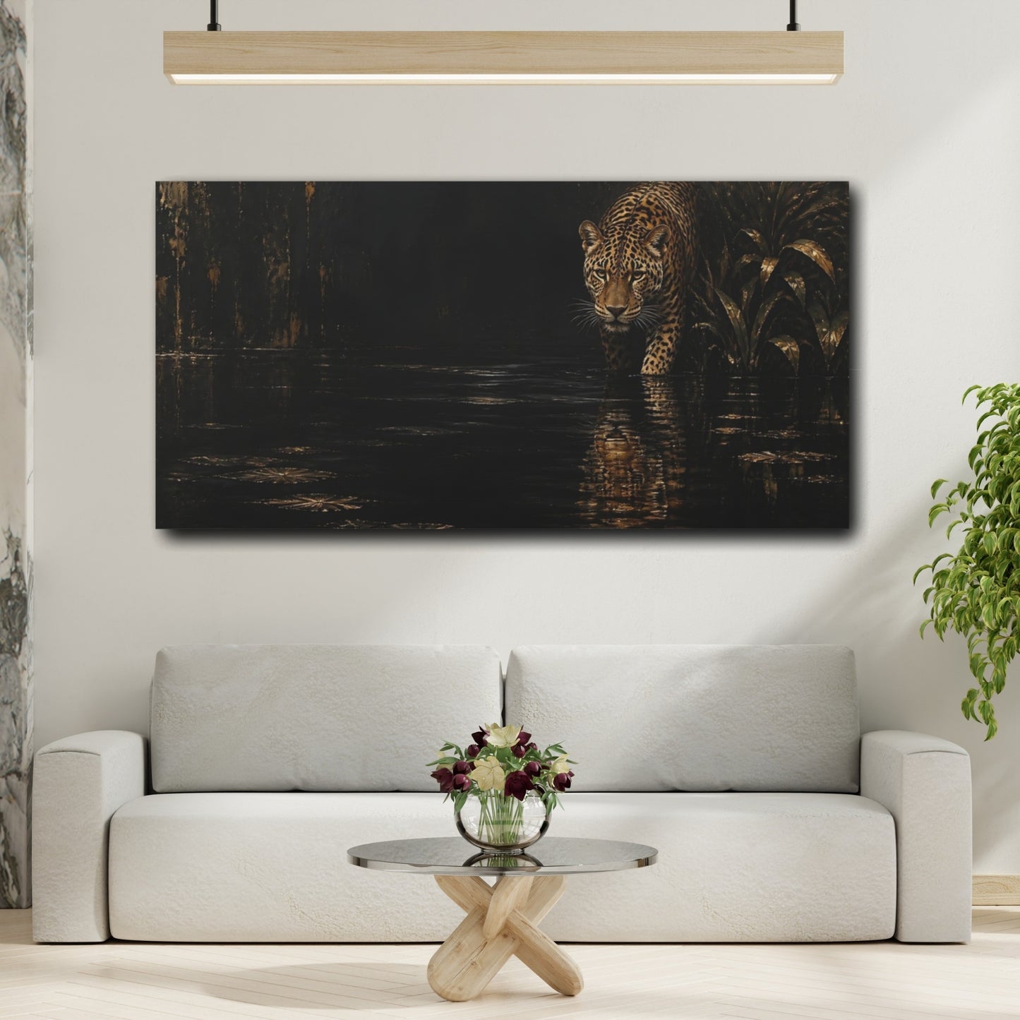 Mockup 2. Midnight Leopard Reflection shown as canvas print