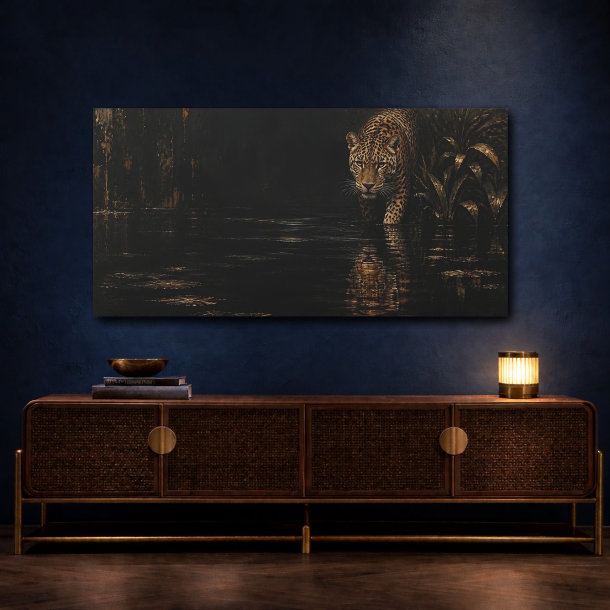 Mockup 4. Midnight Leopard Reflection shown as canvas print