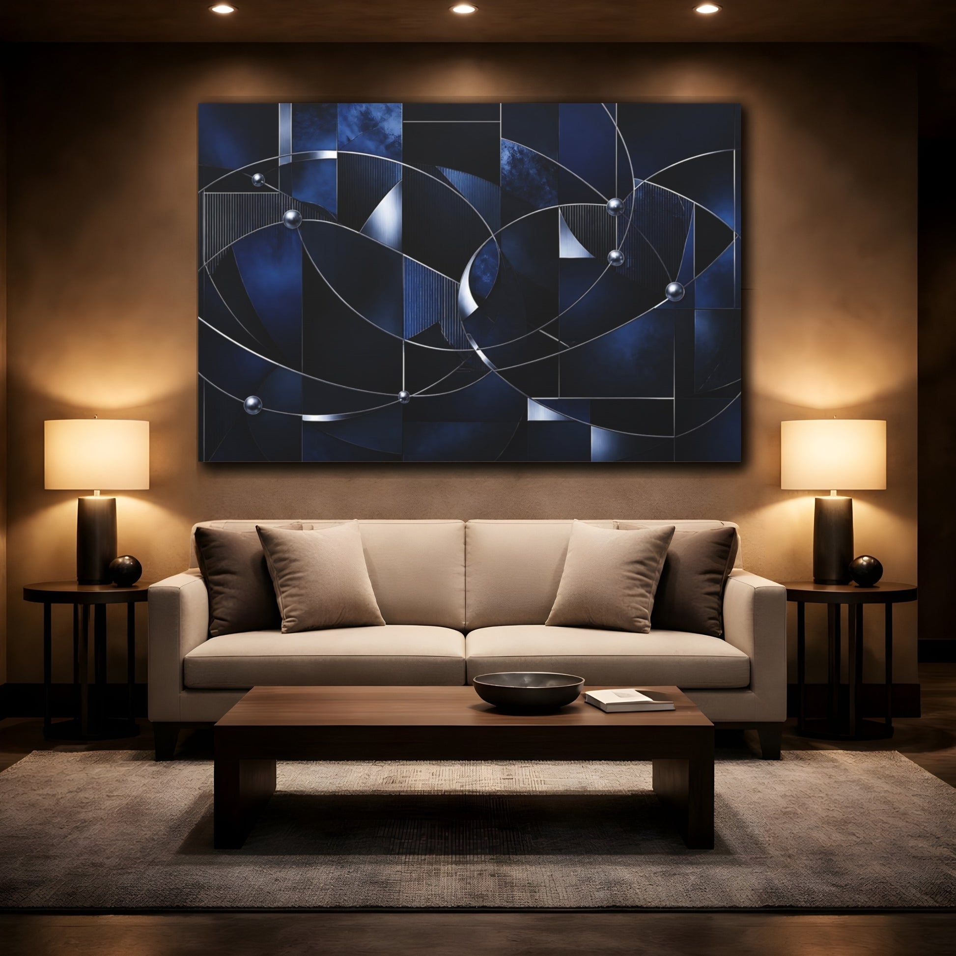 Mockup 2. Midnight Metallic Orbit shown as canvas print
