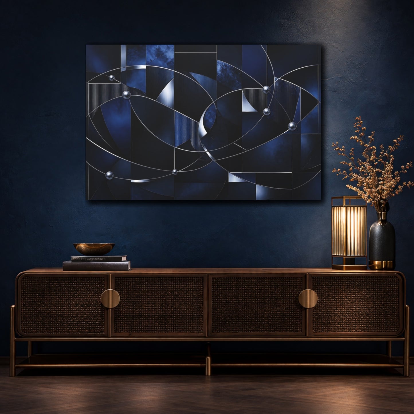 Mockup 4. Midnight Metallic Orbit shown as canvas print