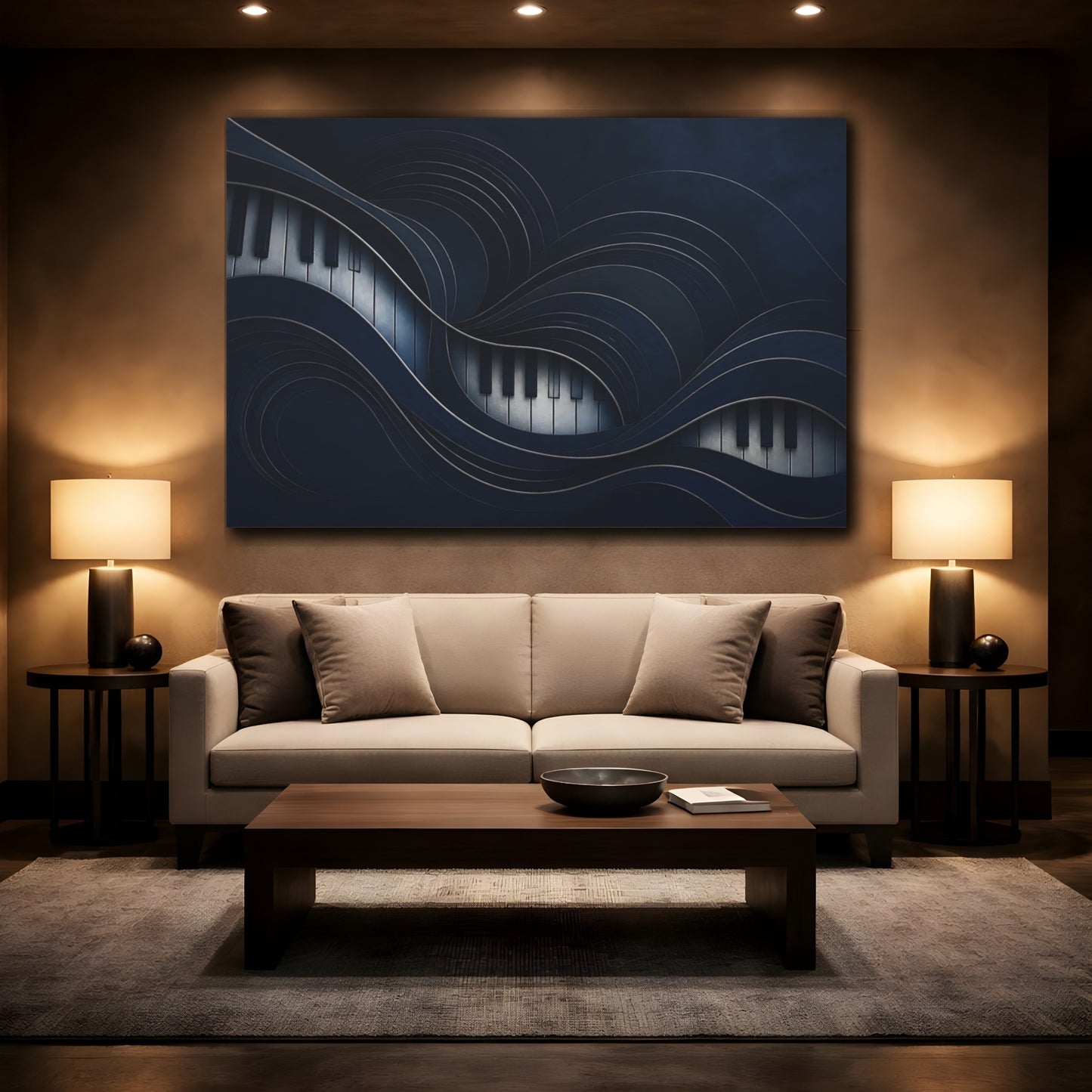 Mockup 2. Midnight Piano Waves shown as canvas print