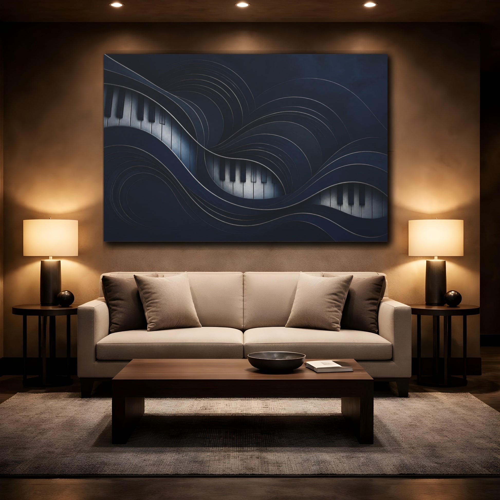 Mockup 2. Midnight Piano Waves shown as canvas print
