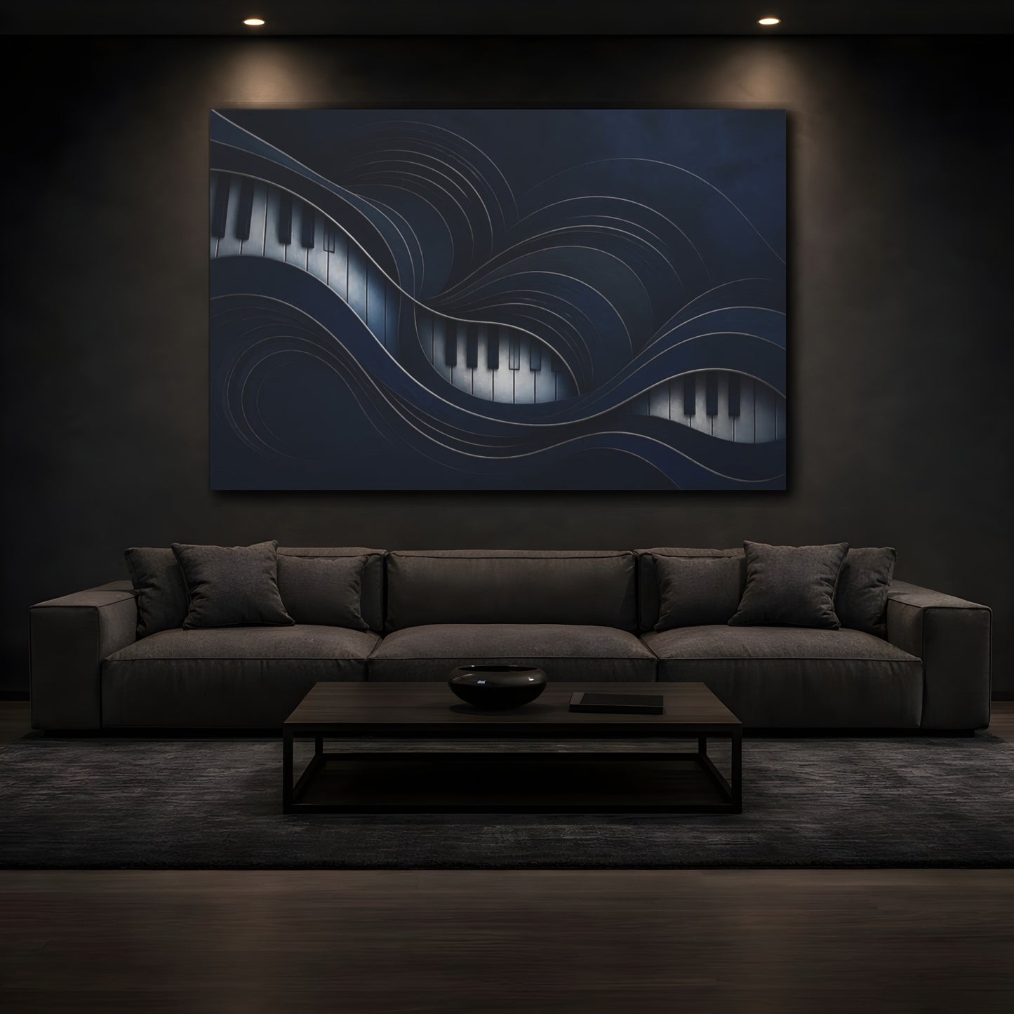Mockup 3. Midnight Piano Waves shown as canvas print