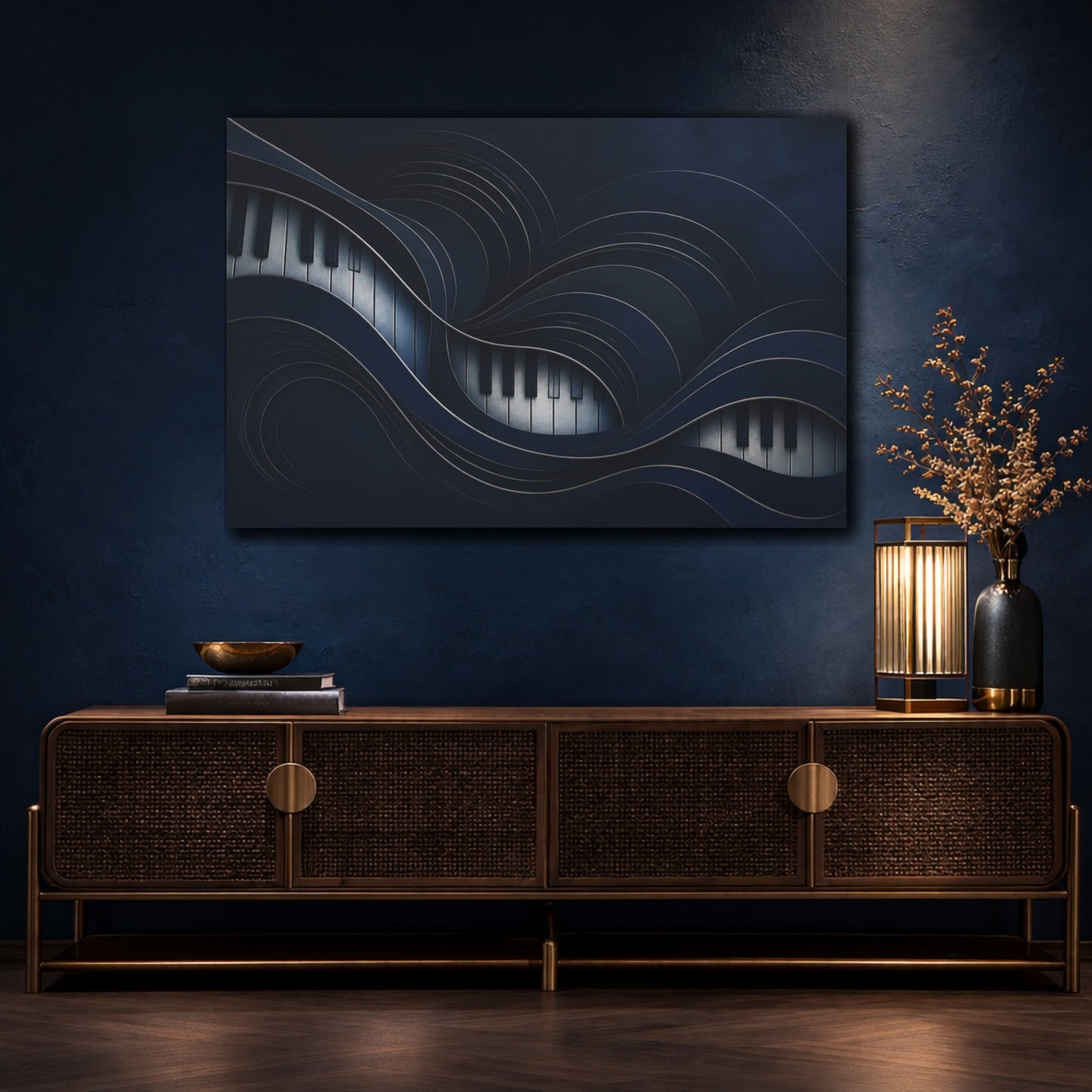 Mockup 4. Midnight Piano Waves shown as canvas print