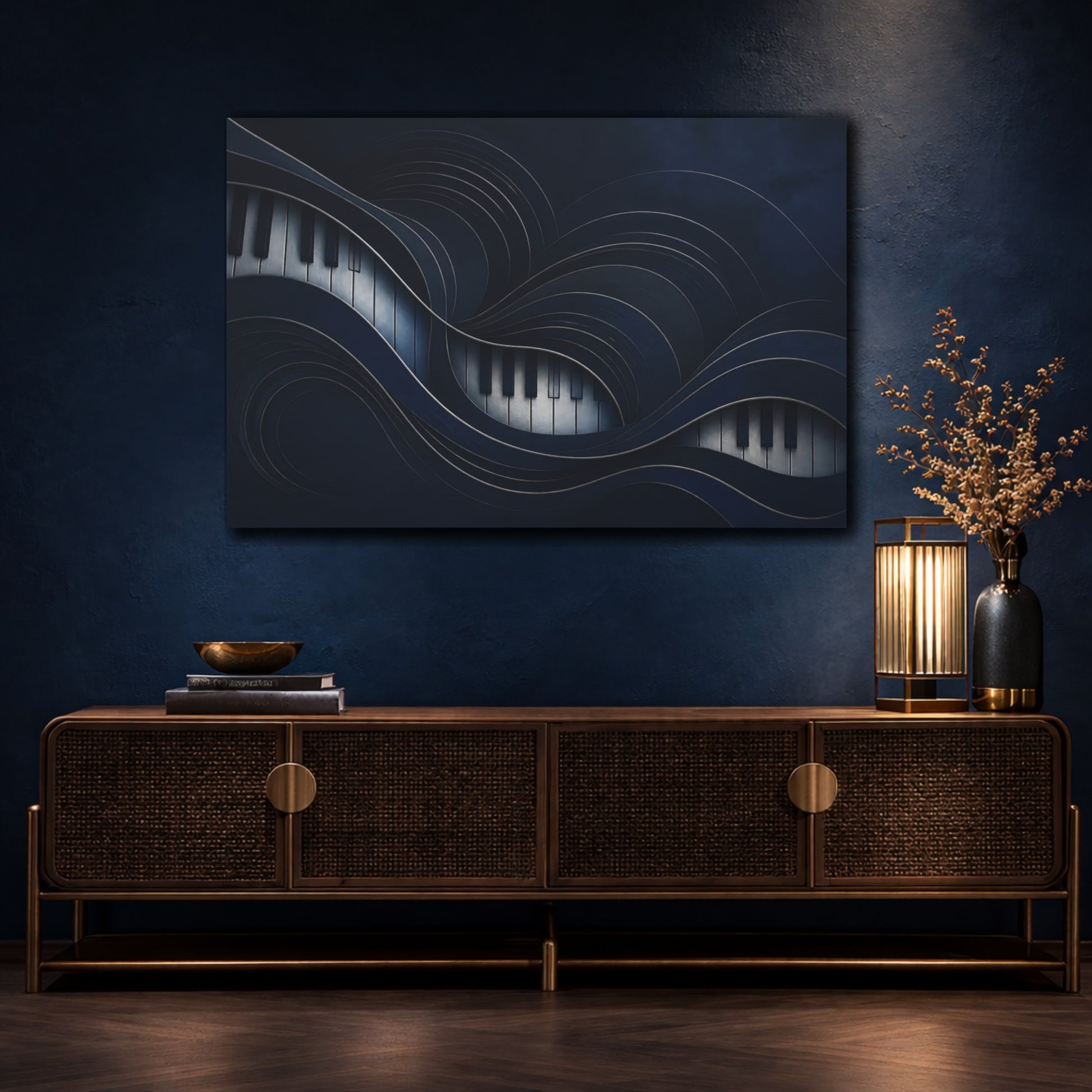 Mockup 4. Midnight Piano Waves shown as canvas print