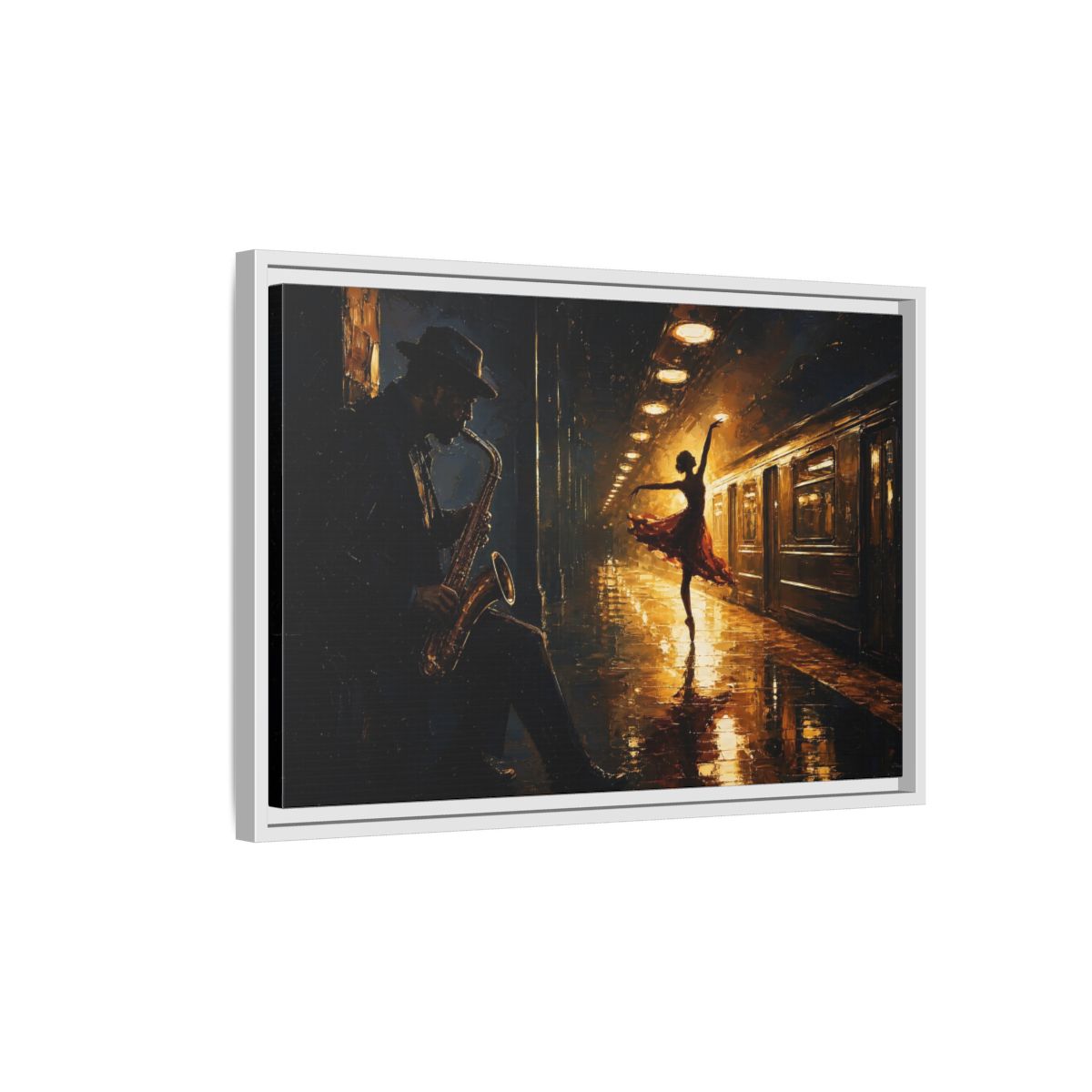 Side Mockup 1. Midnight Subway Ballet shown as framed canvas print