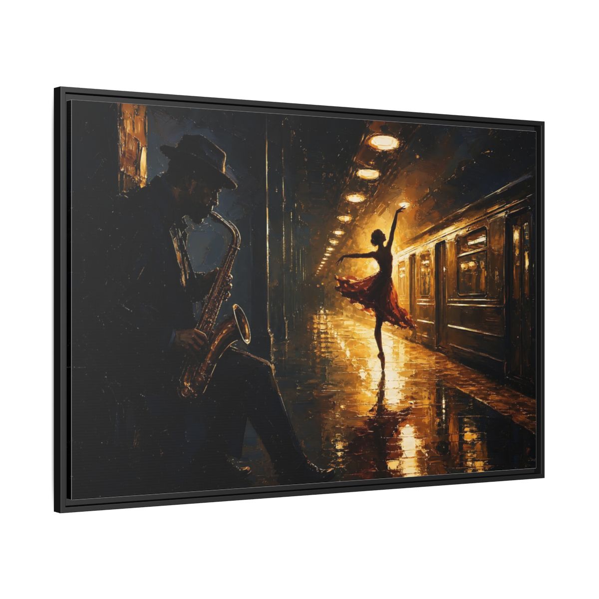 Side Mockup 12. Midnight Subway Ballet shown as framed canvas print