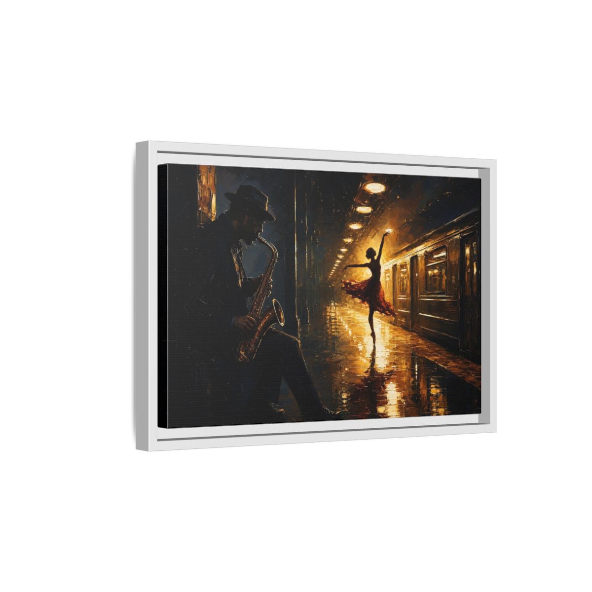 Side Mockup 4. Midnight Subway Ballet shown as framed canvas print