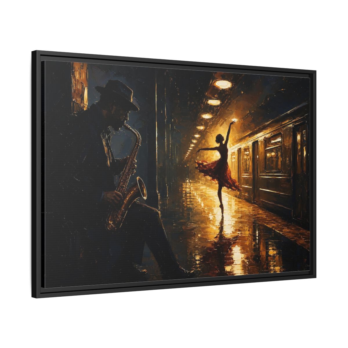 Side Mockup 13. Midnight Subway Ballet shown as framed canvas print