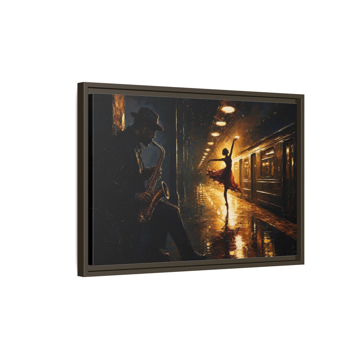 Side Mockup 2. Midnight Subway Ballet shown as framed canvas print