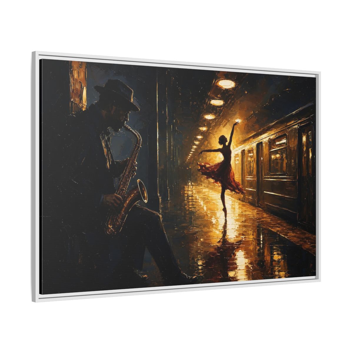 Side Mockup 7. Midnight Subway Ballet shown as framed canvas print