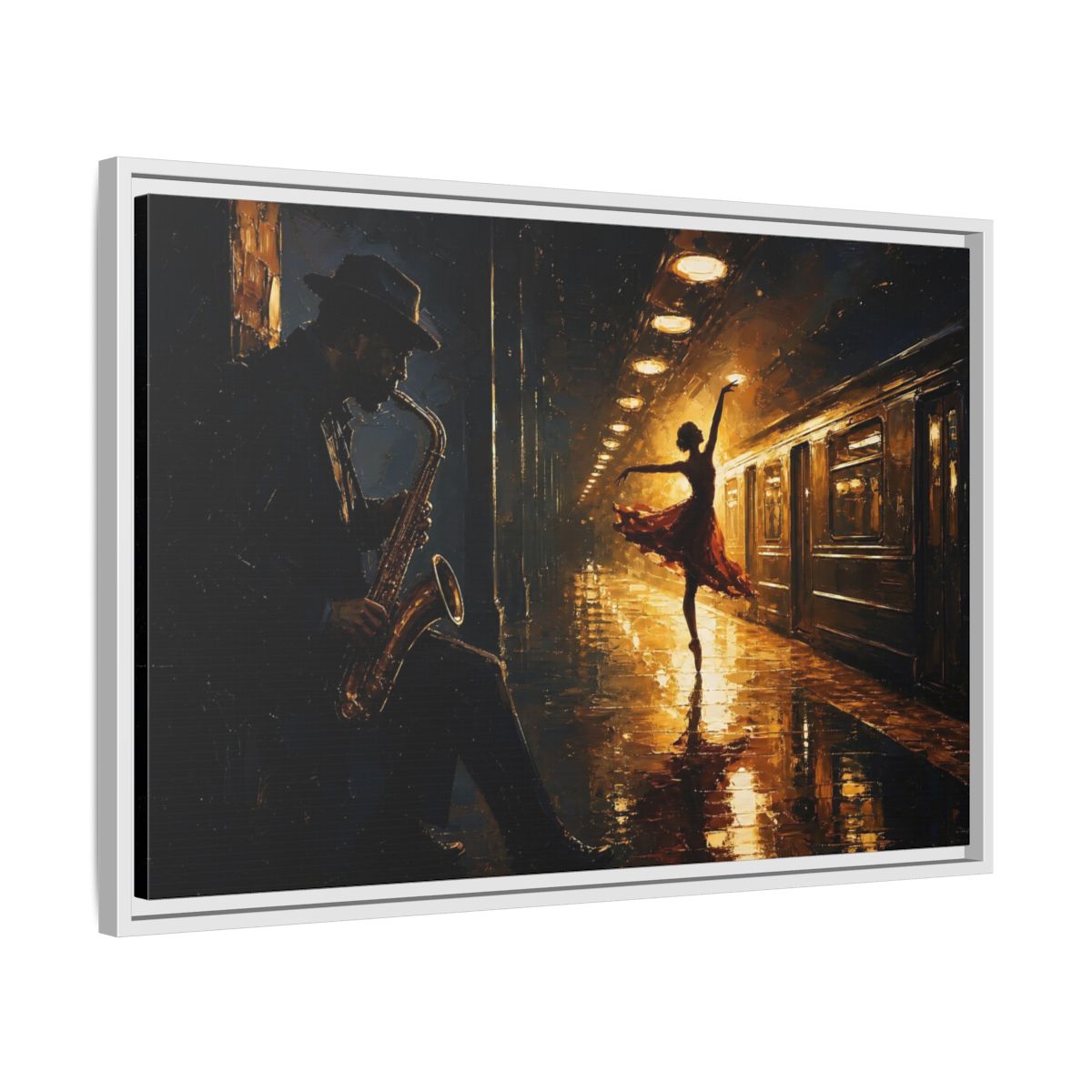 Side Mockup 10. Midnight Subway Ballet shown as framed canvas print