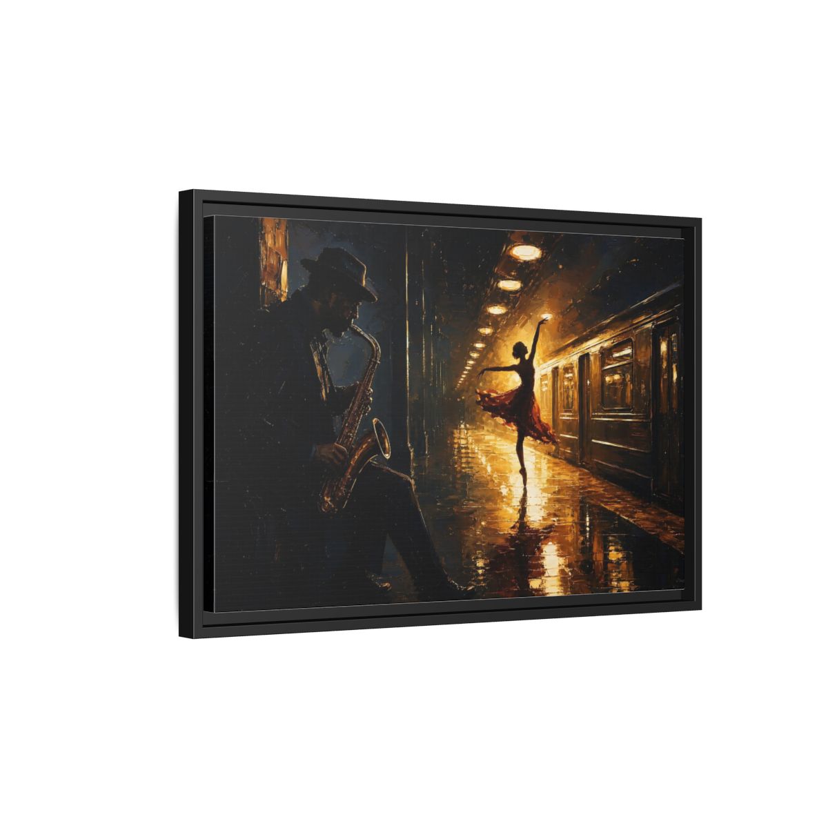 Side Mockup 3. Midnight Subway Ballet shown as framed canvas print