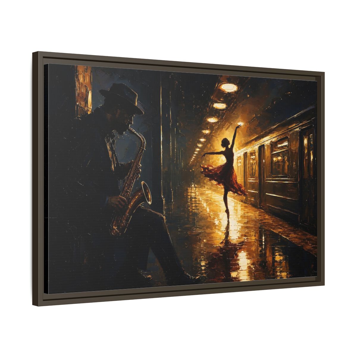 Side Mockup 11. Midnight Subway Ballet shown as framed canvas print