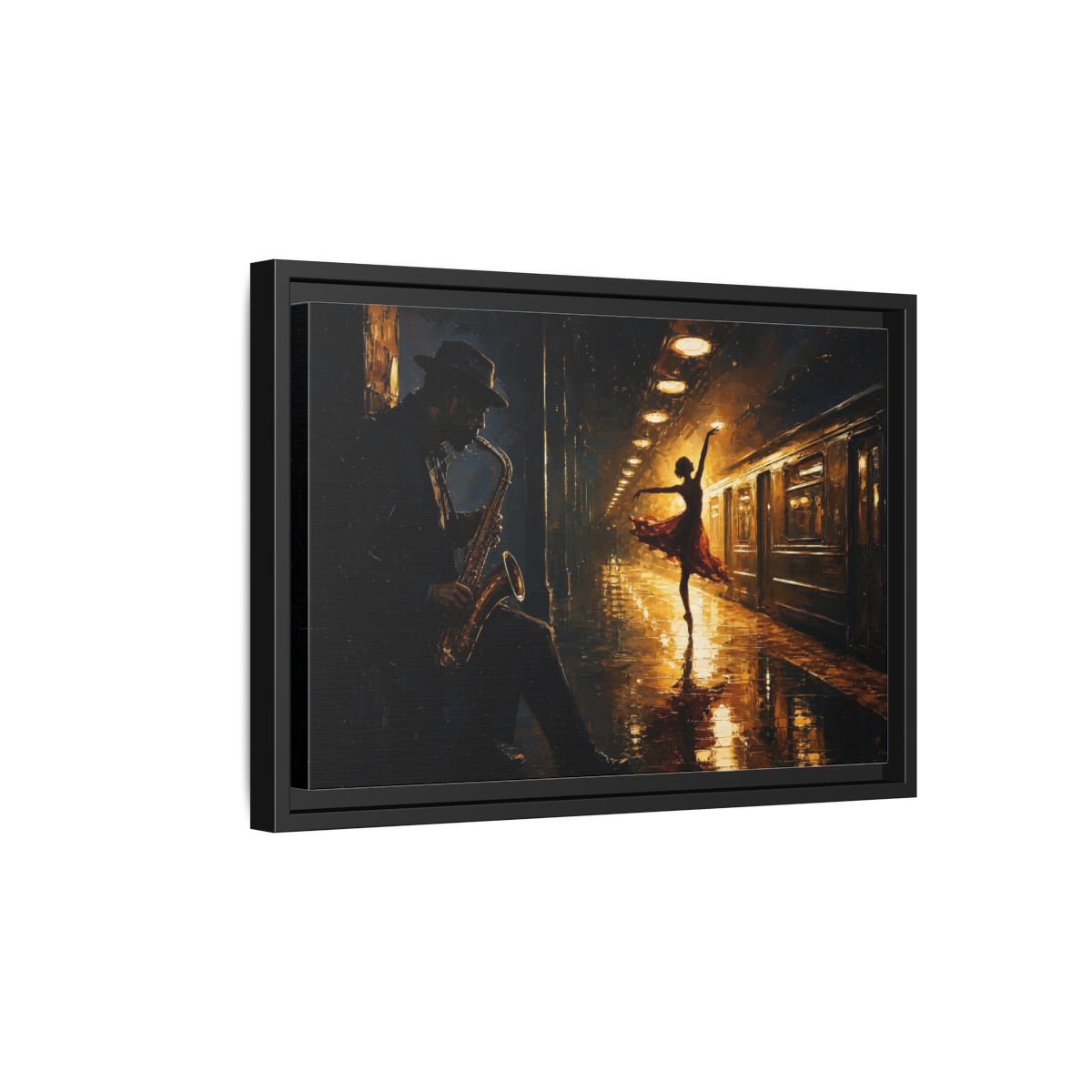 Side Mockup 6. Midnight Subway Ballet shown as framed canvas print
