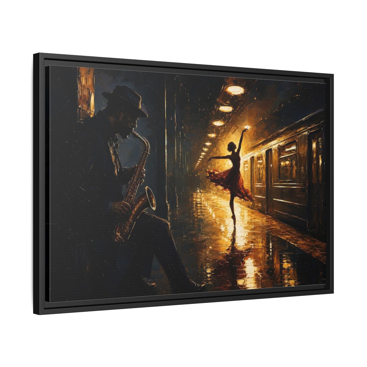 Side Mockup 14. Midnight Subway Ballet shown as framed canvas print