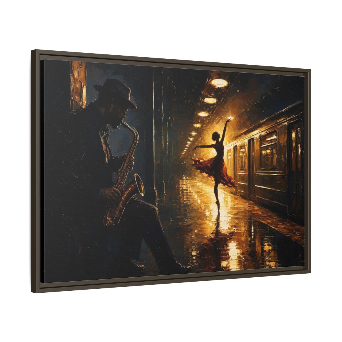 Main Mockup. Midnight Subway Ballet shown as framed canvas print