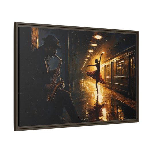 Main Mockup. Midnight Subway Ballet shown as framed canvas print