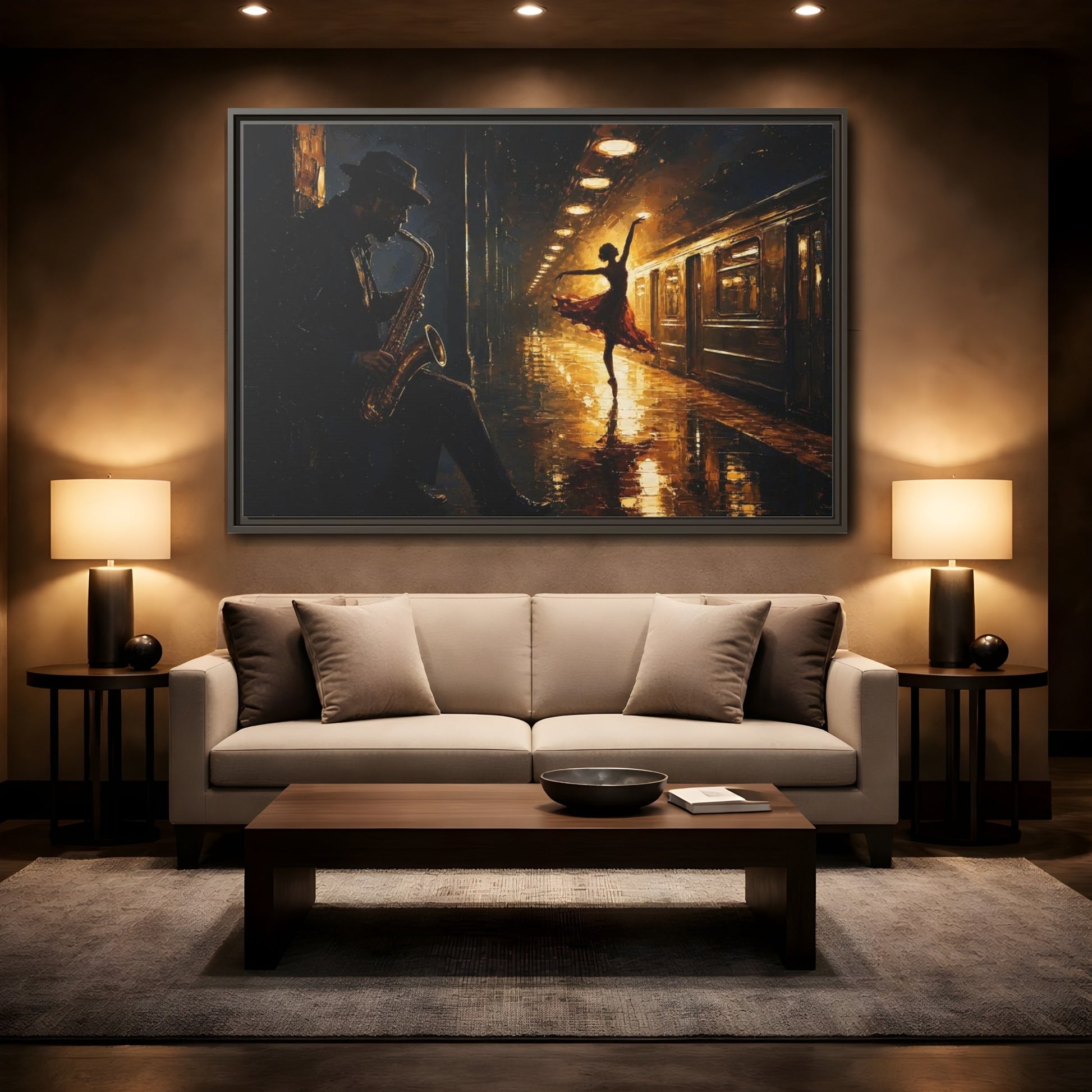 Mockup 2. Midnight Subway Ballet shown as framed canvas print