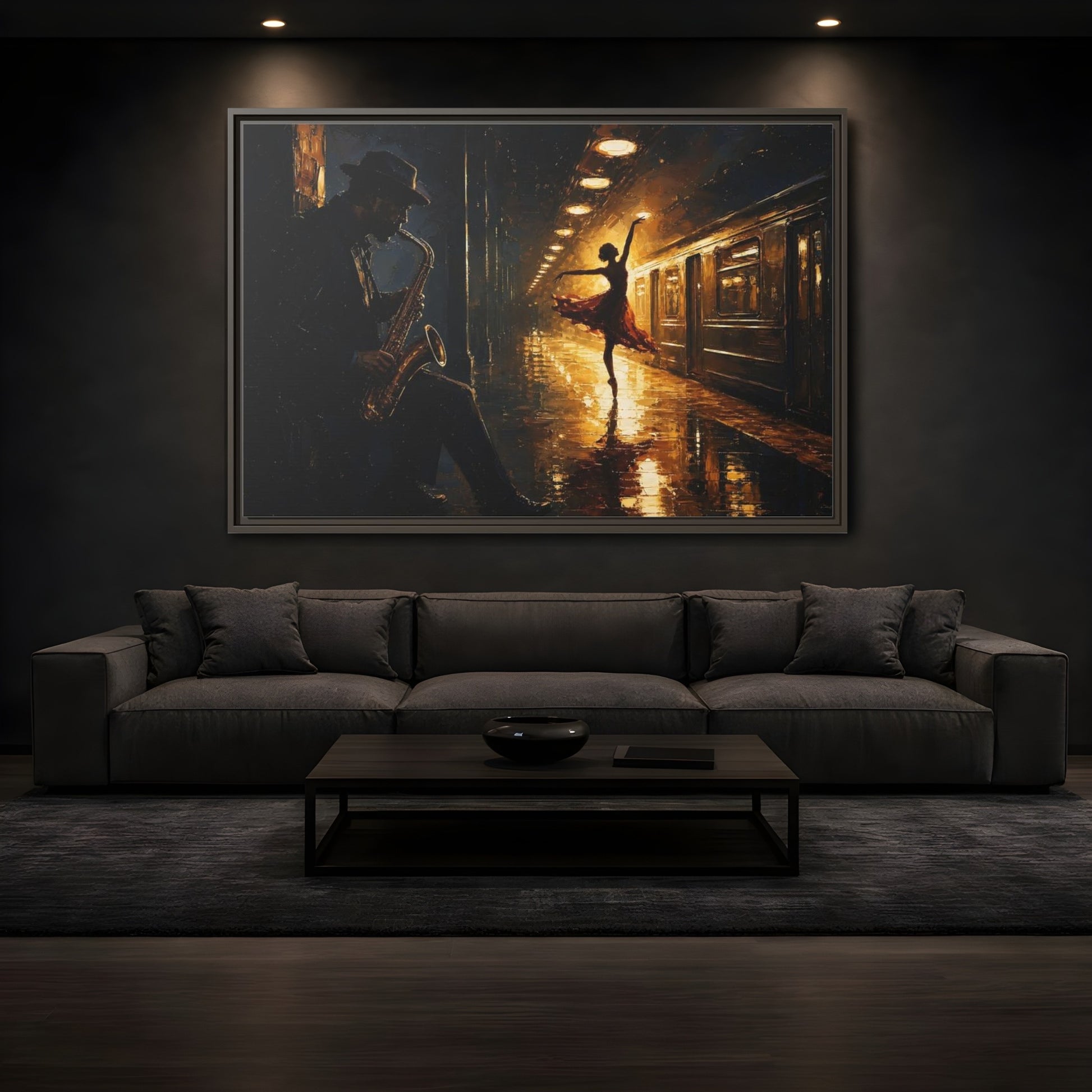 Mockup 3. Midnight Subway Ballet shown as framed canvas print