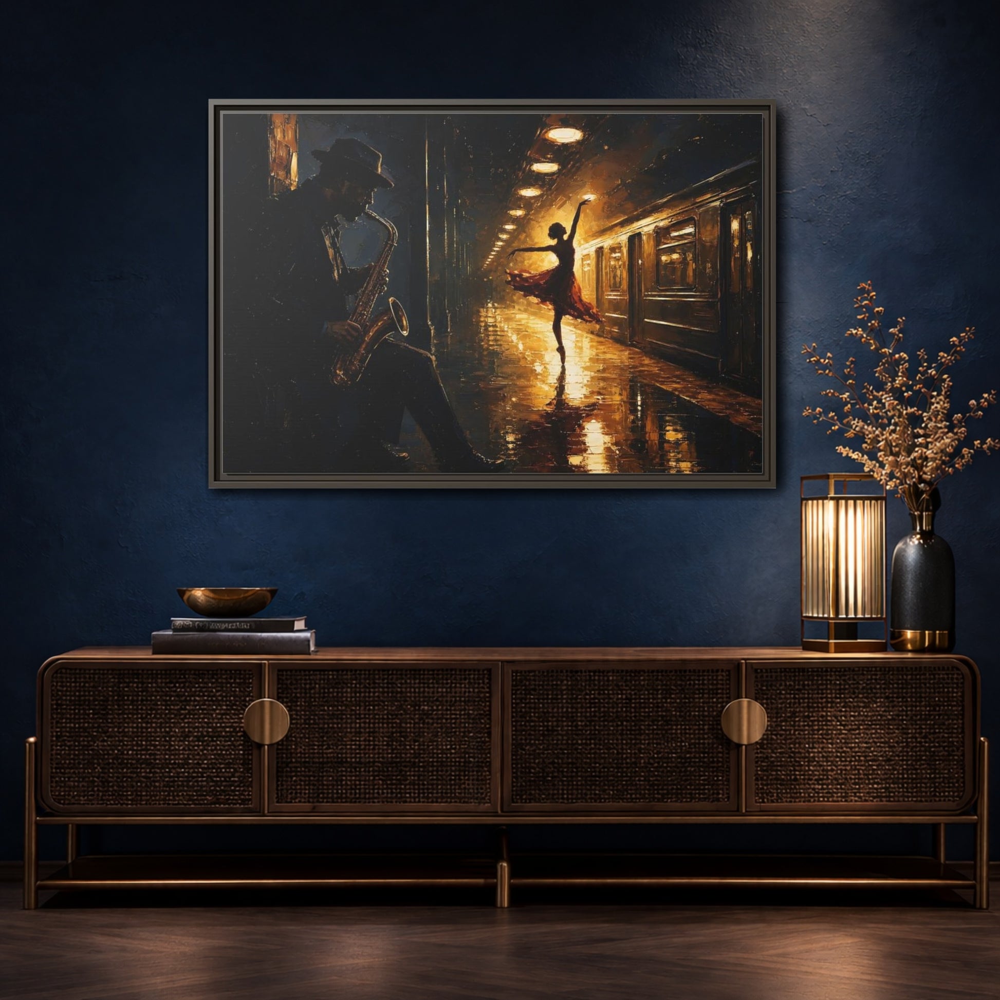 Mockup 4. Midnight Subway Ballet shown as framed canvas print