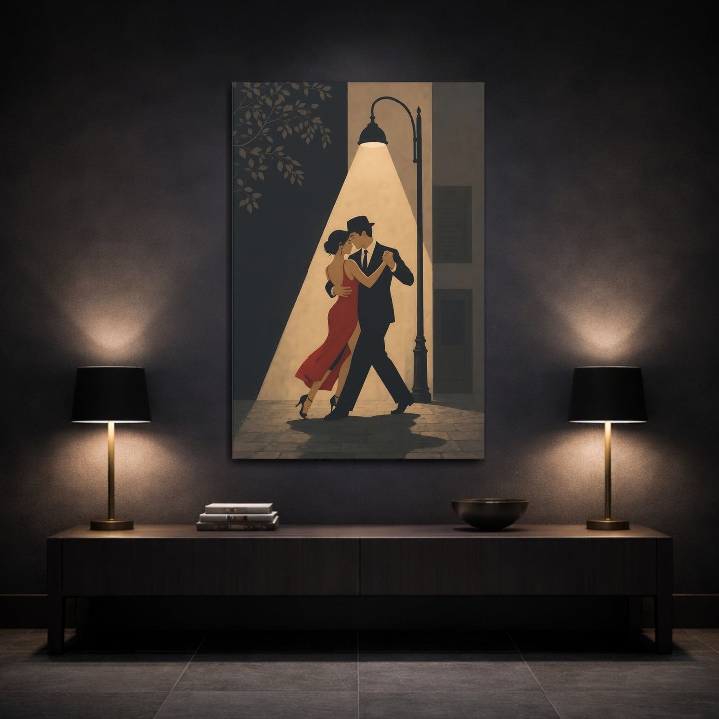 Mockup 3. Midnight Tango Under Lamp shown as canvas print